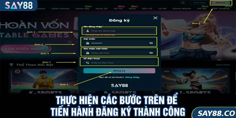 Đăng Ký SAY88 5 thực hiện các bước để tiến hành đăng ký tài khoản thành công